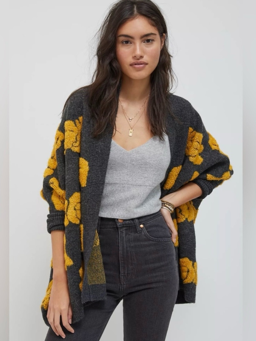Anthropologie Pilcro Rosetta Cardigan Charcoal Grey Yellow Flower One Size $148